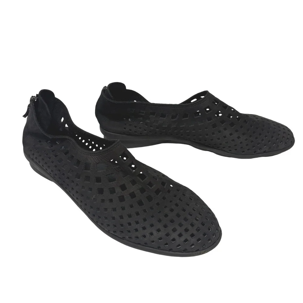 Arche Black Leather Perforated Laser Cut Back Zip Flats Shoes Size 41